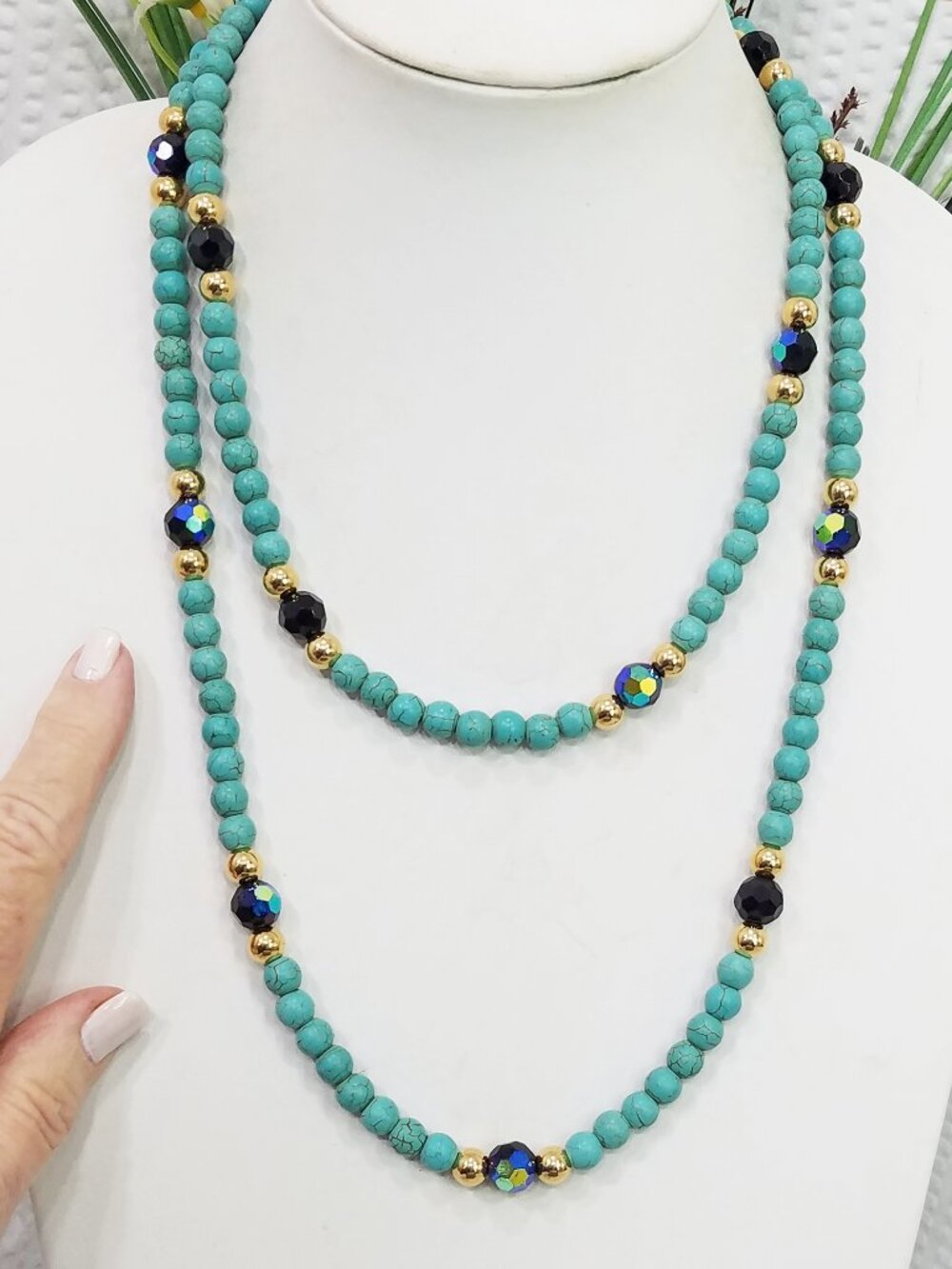 Turquoise Beads & AB-Coated Black Crystal Gold Tone 48" Long Station Necklace